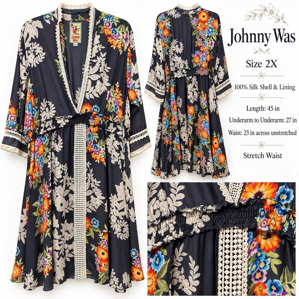 Johnny Was 2X Silk Floral Kimono Duster Boho Lagenlook Crochet Trim
